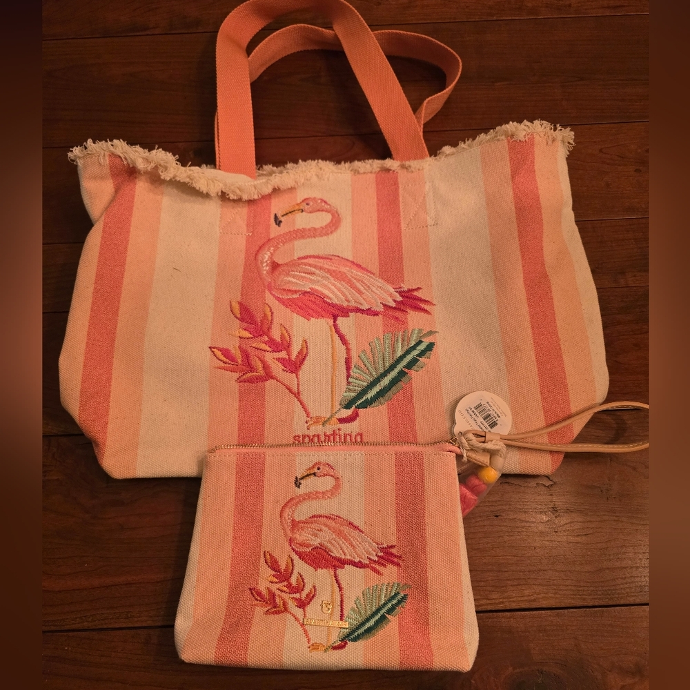 Spartina Striped Flamingo Tote and Pouch Set